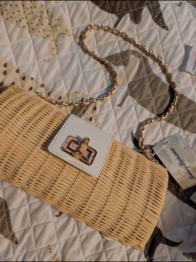 Woven Rattan Crossbody Bag with White Accent and Gold Chain